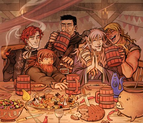 Tavern Drawing Concept Art, Dnd Group Art Tavern, Tavern Party Fantasy Art, Dnd Party Drawing Reference, Dnd Party Illustration, Tavern Pose Reference, Dnd Party Art Tavern, Dnd Group Pose, Dnd Adventuring Party