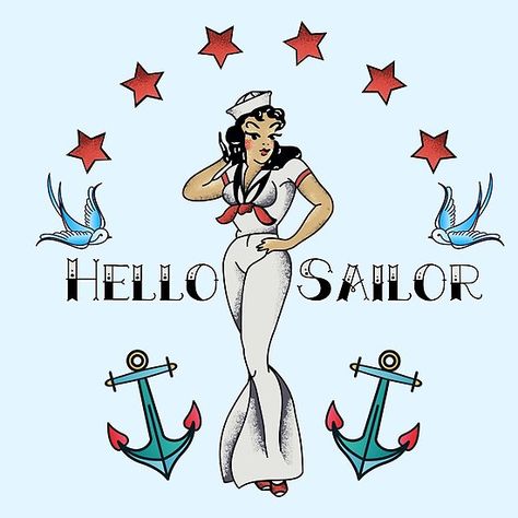 Navy Pinup, Vintage Sailor Tattoo, Sailor Tattoos Vintage, Hula Girl Tattoos, Sailor Logo, Traditional Sailor Tattoos, Mom Heart Tattoo, Navy Tattoos, Tiny Heart Tattoos