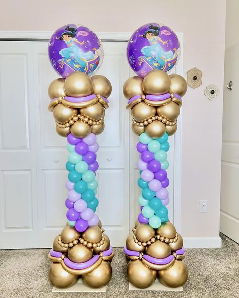 Princess Jasmine twin columns😍. To say I loved creating these is an understatement. This is one of my all time favorite color combinations!!! I could already picture this turned into a mermaid theme! Columns are versatile and can fit just about any space. They can be repositioned and don’t require any installation. They can be picked up with the right sized vehicle or delivered if you don’t want to deal with the runaround. You bring the theme & Inspo and we will bring the vision and des... Princess Jasmine Party Ideas, Jasmine Party Ideas, Princess Jasmine Birthday Party Ideas, Jasmine Birthday Party Ideas, Jasmine Birthday Party, Princess Jasmine Party, Princess Jasmine Birthday Party, Princess Jasmine Birthday, Jasmine Party