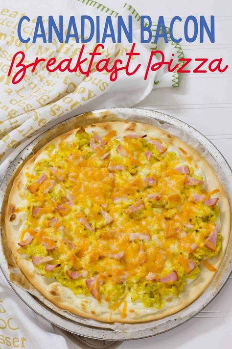 Canadian Bacon Breakfast Pizza features cream cheese, scrambled eggs and lots of shredded cheese. It is easy and perfect any time of the day! Bacon Breakfast Pizza Recipe, Canadian Bacon Breakfast, Cream Cheese Scrambled Eggs, Cheese Scrambled Eggs, Breakfast Pizza Recipe, Baked Bacon, Bacon Breakfast, Canadian Bacon, Time Of The Day