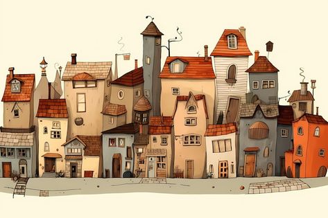 Town Drawing Simple, City Background Drawing, Town Illustration, Book Structure, Cartoon Town, Cityscape Illustration, Town Drawing, Book City, House Sketch