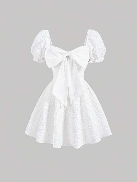 SHEIN MOD Jacquard Puff Sleeve Bow Front Dress | SHEIN USA Cute Dresses To Sew, Simple Dresses Short, All White Birthday Outfit, Dresses With Bow, Bow Dresses, Rok Mini, Cute White Dress, Bow Dress, Flared Dress