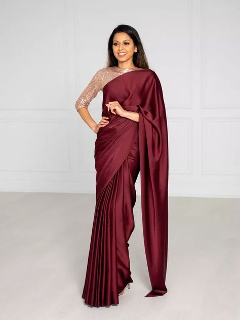 Tia Bhuva founder wearing a burgundy saree in a nivi drape style. Burgundy Saree, Long Sleeve Lace Crop Top, Black Sequin Blouse, Gold Sequin Blouse, Draping Styles, Simple Saree Designs, Saree Draping Styles, Saree Draping, Simple Sarees