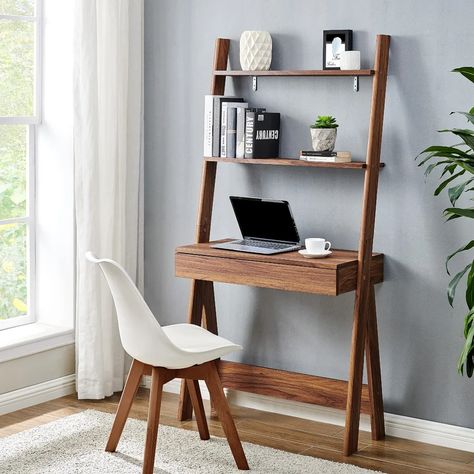 George Oliver Shubert Leaning/Ladder Desk | Wayfair Stair Shelf, Leaning Ladder Desk, Stair Shelves, Ladder Desk, Leaning Ladder, Display Books, Big Desk, Walnut Desks, Best Desk