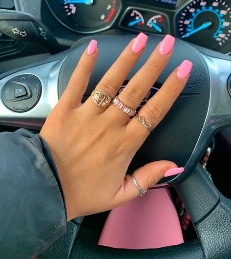 Short Square Barbie Pink Nails, Sorority Formal Nails, Summer Nails Rounded Square, Hot Pink Nail With Design, Square Pink Nails Ideas, Hoco Nails Square, Nails For Hot Pink Dress, Pink Nail Inspo Square, Cute Light Pink Nails