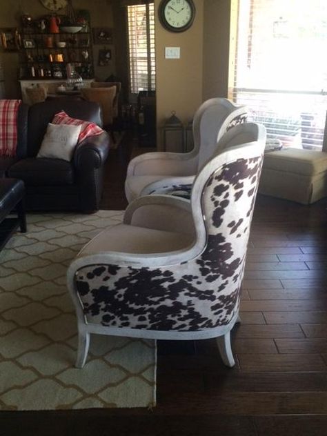 Review photo 1 Cowhide Upholstery, Polywood Adirondack Chairs, Funky Chairs, Faux Cowhide, Comfortable Office Chair, Reupholster Furniture, Cow Decor, White Chair, Country Furniture