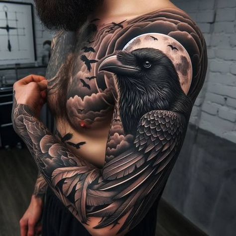 Raven Tattoos, Pet Raven, Cover Up Tattoos For Men, Rabe Tattoo, Crow Tattoo Design, Nordic Mythology, Brother Tattoos, Crow Tattoo, Up Tattoo