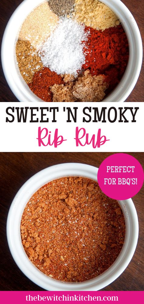 Fire up the grill, this Sweet 'N Smoky Rib Rub recipe is an easy and tasty way to liven up ribs but it also works perfectly when it comes to barbecuing chicken. This rub is made out of brown sugar, a bunch of herbs, and kosher salt - it doesn't get much simpler than that! It's perfect for dinners with the family or to amaze the company at your neighborhood barbeque. Homemade Rib Rub, Rib Rub Recipe, Diy Seasonings, Ribs Seasoning, Bbq Rub Recipe, Homemade Dry Rub, Homemade Rubs, Spice Rubs, Homemade Dry Mixes