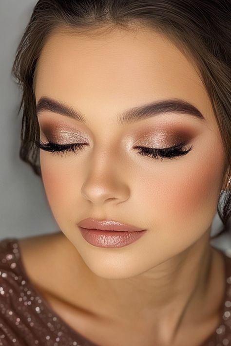 Makeup Ideas Champagne Dress, Bridal Makeup Tanned Skin, Eyeshadow Glam Looks, Natural Color Eyeshadow Looks, Maid Of Honour Makeup Looks, Ball Make Up Looks, New Years Eve Eyeshadow Looks, Makeup Look For Gold Dress, Smokey Pink Makeup