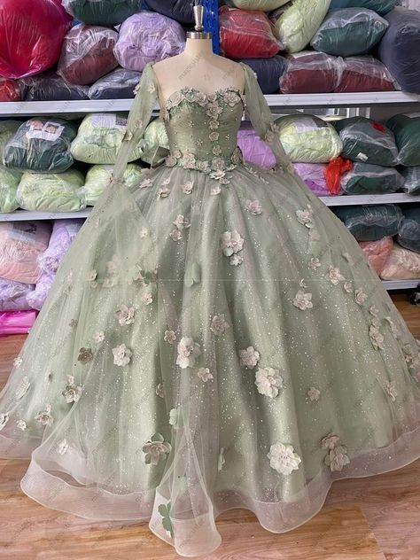 Big Sage Green Quinceanera Dresses, Lime Green Quinceanera Dress, Sage Green Dress Aesthetic Royal, Sage Green Masquerade Dress, Light Green Poofy Dress, Sage Green Poofy Dress, Sage Green Quinceanera Dresses With Sleeves, Sage Green Debut Gown, Sage Green Quinceanera Dresses Long