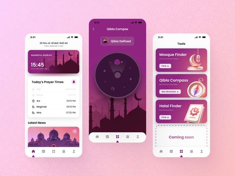 Muslim App by Ann Minaeva on Dribbble Muslim Apps, Ux Moodboard, Islamic Apps, Quran App, Vector Portrait Illustration, App Ideas, Prayer Time, Muslim Prayer, Prayer Times