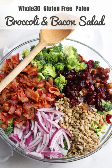 Broccoli Bacon Salad (Whole30) - Cook At Home Mom Whole30 Broccoli, Broccoli Bacon Salad, Healthy Holiday Side Dishes, Lemon Garlic Dressing, Healthy Holiday Sides, Bacon Dates, Broccoli Bacon, Garlic Dressing, Broccoli Salad Bacon