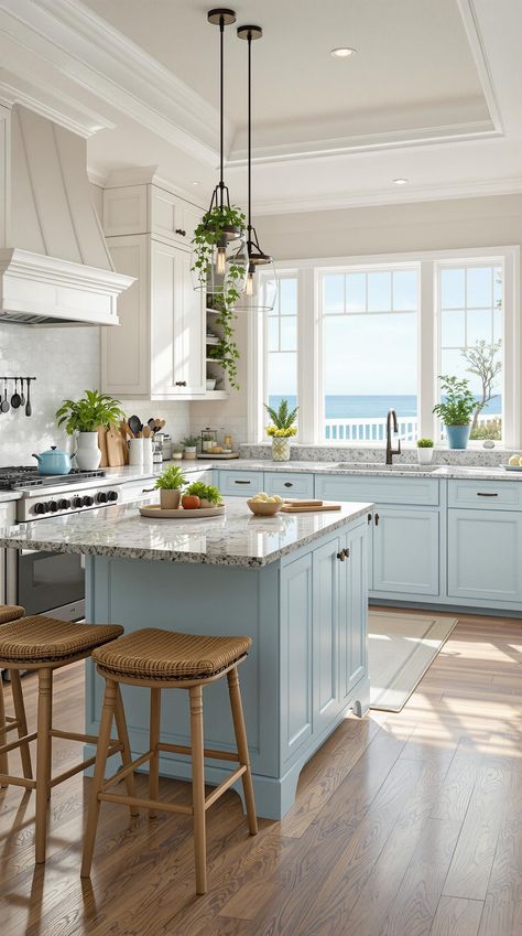 Coastal Kitchen Ideas Small Coastal Kitchens, Kitchen Ideas Coastal Style, Beachy Ceramics, Modern Coastal Kitchen Ideas, Sea Glass Backsplash Kitchen, Beach Kitchen Design, Coastal Beach Kitchen, Kitchen Coastal Style, Small Beach House Kitchen