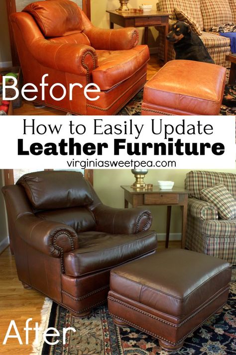 How to Easily Update Leather Furniture - Did you know that you can change the color of leather furniture? See how our leather chair and ottoman went from an orange-red color to a beautiful chestnut brown. #leatherfurnituremakeover #furnituremakeover Paint Leather Couch, Leather Chair Makeover, Leather Chair And Ottoman, Leather Furniture Repair, Ottoman Diy, Red Leather Chair, Palette Patio Furniture, Diy Pallet Couch, Diy Living Room Furniture