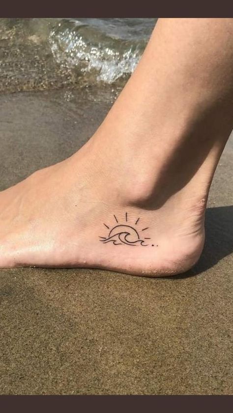 Simple Beach Tattoo Ideas, Wave Beach Tattoo, Wave Foot Tattoo, Simple Beach Tattoo, Tiny Beach Tattoos, Wave Tattoo Foot, Sun And Wave Tattoo, Beach Inspired Tattoos, Ankle Tattoo For Girl