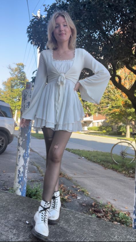 Fairycore Babydoll Dress, Punk White Dress, White Docs Aesthetic, White Mini Dress With Tights, White Doc Martens With Dress, White Skirt Tights Outfit, White Witchy Outfit, Layered Babydoll Dress, White Dress And Tights Outfit