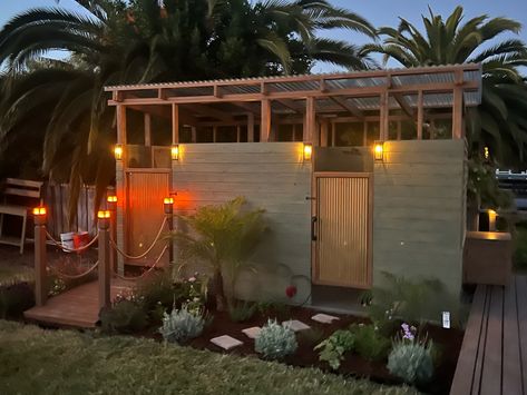 This outdoor bath by the bay was created for a retreat… So that people can come and meditate throughout the day in my backyard on the water. Welcome. Semi Outdoor Bathroom, Outdoor Toilet And Shower Ideas, Outdoor Toilet Ideas, Glamping Bathroom, Outdoor Toilet And Shower, Outhouse Ideas, Outhouse Bathroom, Compost Toilet, Shower Garden