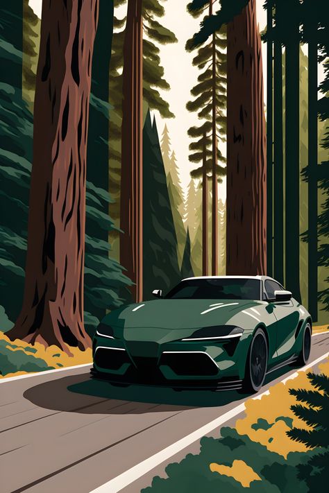 A stunning hand-crafted work of art featuring the Toyota Supra 5th generation in a pine forest. The design's unique composition is inspired by the style of modern and vintage travel posters to create a work of art that will stand out. Supra Art, Toyota Supra Mk5, Supra Mk5, Forest Poster, Car Prints, Salem Oregon, Anime Artwork Wallpaper, Car Interior Decor, Modern Poster