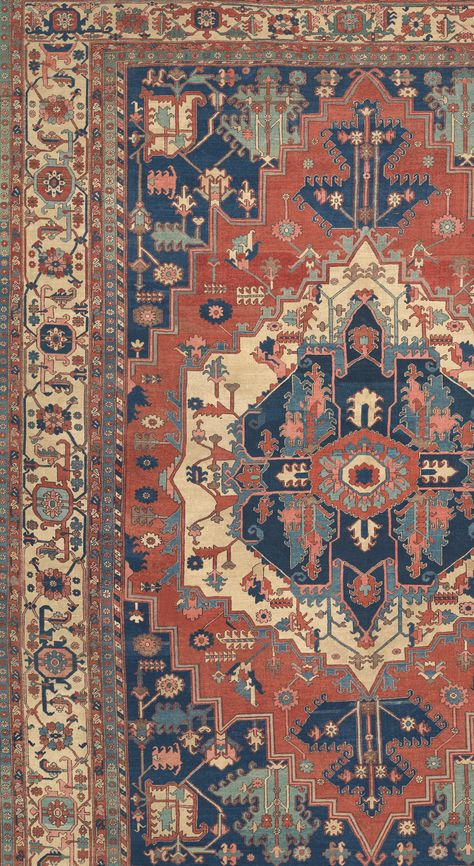 Persian Serapi Antique Rug with nested medallions and floral ivory border Antique Rug - Claremont Rug Company Iranian Rugs Pattern, Persian Carpet Pattern, Antique Rugs Persian Carpet, Iranian Rug, Iranian Rugs, Iranian Carpet, Antique Persian Carpet, Persian Rug Designs, Area Room Rugs