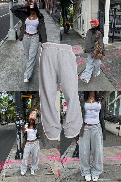 PANTS LINKED TO PIN | outfit inspo, outfit ideas, outfit, clothes, dream clothes, shoes, fashion inspo, fashion outfits, spring outfit, fall outfits, winter outfits, summer fits, outfit ideas for school, summer outfits 2024, vintage, clean girl, aesthetic, y2k, y2k outfits, chic outfits, pretty outfits, gray sweats, grey joggers, gray sweats outfits, grey sweats outfits, gray sweatpants outfit, baggy sweatpants, comfy school outfits, going out outfits, trendy, cute Grey Sweatpants Shorts Outfit, Comfy Grey Sweatpants Outfit, Grey Sweatpants Outfit Streetwear, How To Make Sweats Look Cute, Loose Grey Sweatpants Outfit, Grey Cuffed Sweatpants Outfit, How To Style Grey Sweatpants For Winter, Baggy Gray Sweatpants Outfit, School Outfits Comfy Lazy Days