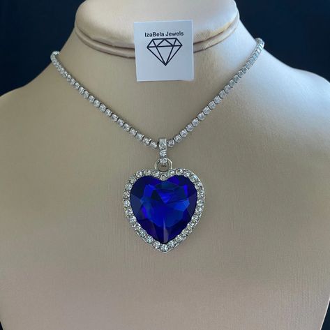 Titanic Necklace Statement Blue Heart Necklace High | Etsy Fairycore Flowers, Titanic Necklace, Heart Of The Ocean Necklace, Blue Heart Necklace, Blue Diamond Necklace, Sapphire Heart Necklace, Pokemon Jewelry, September Birthstone Necklace, Blue Diamond Jewelry