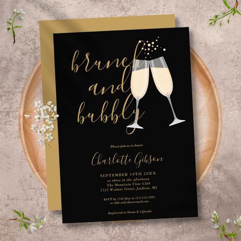 Brunch Bubbly Bridal Shower Black And Gold Invitation Black And Gold Bridal Shower Ideas, Glass Calligraphy, Elegant Brunch, Black And Gold Invitations, Boho Bridal Shower Invitations, Shower Black, Brunch And Bubbly, Brunch Bubbly, Bridal Shower Party Favors