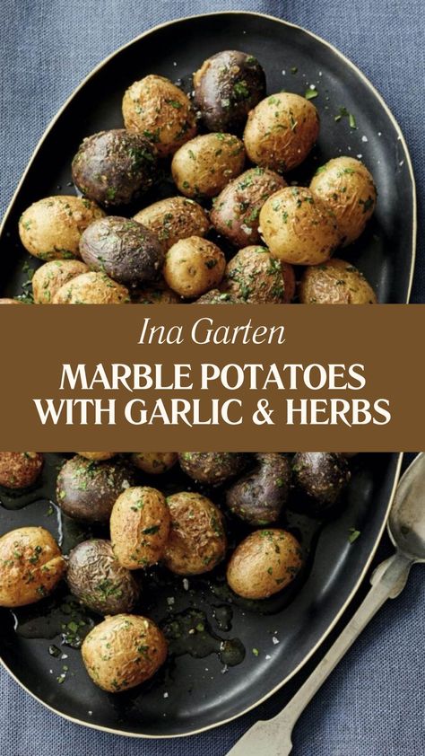 Ina Garten Marble Potatoes With Garlic & Herbs Dinner Party Potato Recipes, Ina Garten Recipes Thanksgiving, Marble Potatoes Recipe, Ina Garten Dinner Party, Ina Garten Mashed Potatoes, Marble Potatoes, Dutch Oven Potatoes, Party Potatoes, Holiday Sides