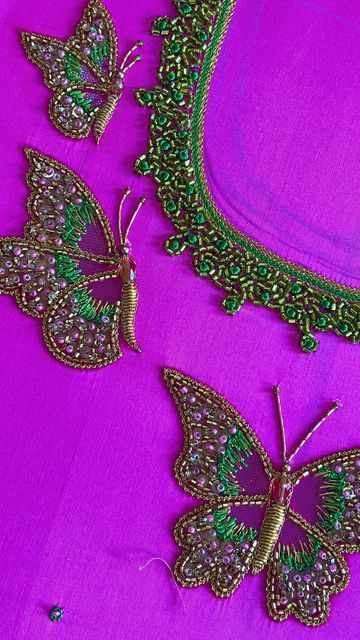 Butterfly Handwork Embroidery, Butterfly Aari Work Blouse, 3d Butterfly Aari Work Blouse, Aari Work Butterfly Design, Butterfly Aari Work Designs Blouse, Butterfly Design Blouse, Butterfly Maggam Work Designs, Butterfly Aari Work, Butterfly Aari Work Designs