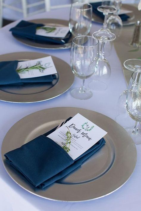 Winter Wedding Blue, Baby Shower Place Settings, Grey Winter Wedding, Wedding Napkin Folding, Napkins Wedding Table, Wedding Table Place Settings, Wedding Table Menus, Winter Wedding Table, Winter Wedding Colors