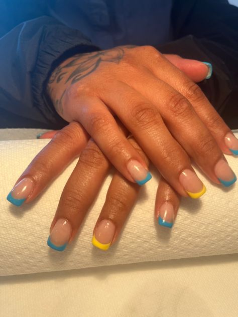 Teal And Yellow Nails, Yellow And Blue Nails, Blue And Yellow Nails, Sza Concert, Blue French Tip, Hoco Nails, French Top, Blue French Tips, Teal Nails