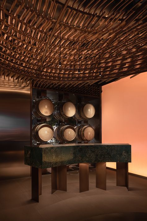 Bar Booth, Grey Floor Tiles, Brick Interior, Whiskey Barrels, Whisky Bar, Vip Room, Ceiling Detail, Whiskey Bar, Wine Display