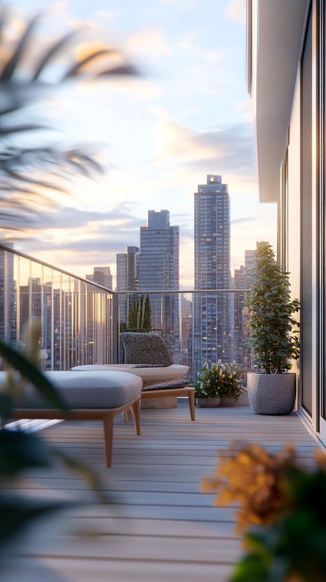 Stylish urban apartment with balcony view of city skyline Penthouse Balcony Design, Penthouse Balcony, Rooftop Penthouse, Dream Penthouse, Apartment With Balcony, View Of City, Balcony View, Urban Apartment, Apartment Chic