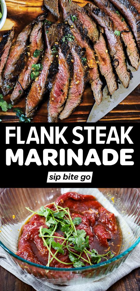 Add juicy flavor to steaks with this 5 minute prep flank steak marinade recipe. Most of the ingredients are pantry and fridge staples. See tips for marinating. Then cast iron pan finish, grill or broil finish steaks to completion. | sipbitego.com Broil Flank Steak, Flank Steak Marinade, Fridge Staples, Marinade Flank Steak, Dinner Beef, Steak Marinade Recipes, Beef Marinade, Marinated Flank Steak, Flank Steak Recipes