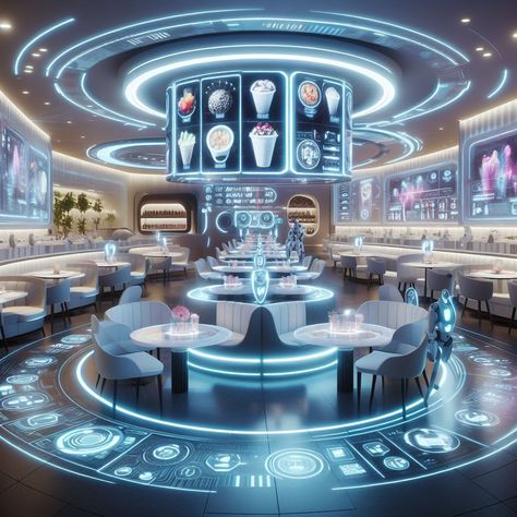 Retro Futuristic Restaurant, Futuristic Kitchen Concept Art, Sci Fi Restaurant, Futuristic Cafeteria, Futuristic Food Ideas, Futuristic Cafe, Futuristic Restaurant, Futuristic Bar, Futuristic Houses