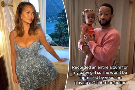 Chrissy Teigen jokingly threatens to leave John Legend after he hops on viral social media trend: ‘U can have custody’ Heart Monitor Tattoo, Instagram Trends, Four Kids, Celebrity Lifestyle, Plunge Dress, Celebrity Kids, Chrissy Teigen, Social Media Trends, John Legend