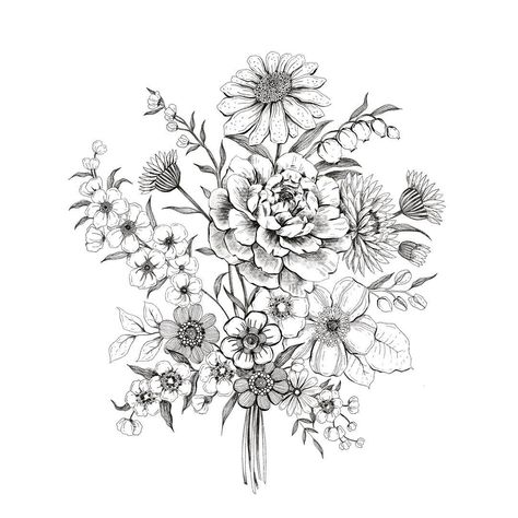 Alice on Instagram: “▫️Floral Arrangement ▫️ . . A delicate bouquet full of flowers🖤 . . . . . #arrangement #porcelainflowers  #floralillustration #flowers…” Thestral Tattoo, Bouquet Drawing, Flor Tattoo, Flower Bouquet Drawing, Delicate Bouquet, Wildflower Drawing, Tattoos For Women Half Sleeve, Floral Tattoo Sleeve, Flower Tattoo Sleeve