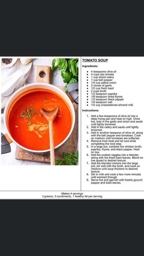 Green Tomato Soup, Optavia Recipes Lean And Green, Optavia Recipes, Basil Soup, Deep Frying Pan, Tomato Basil Soup, Lean And Green Meals, Lean And Green, Green Tomatoes