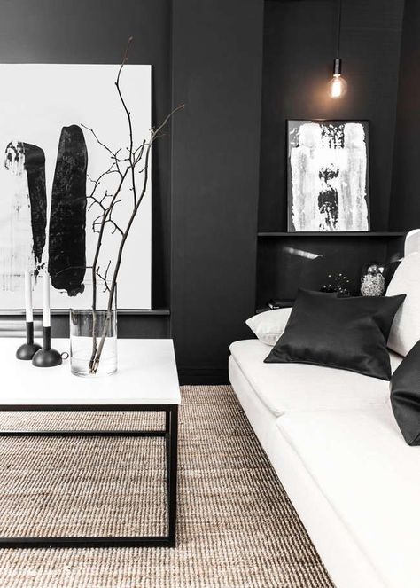 Black and white drama Grey Setup, White Interior Design Living Room, Monochromatic Living Room, Modern White Living Room, Black And White Furniture, White Living Room Decor, Grey Interior Design, Black And White Living Room, Black Living Room