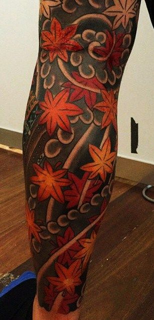 Maple leaves and Blackwork Japanese Maple Leaves Tattoo, Japanese Maple Leaf Tattoo, Maple Leaves Tattoo, Japenese Maple, Sleeve Background, Fall Leaves Tattoo, Journey Tattoo, Leaves Tattoo, Tiger Tattoo Design