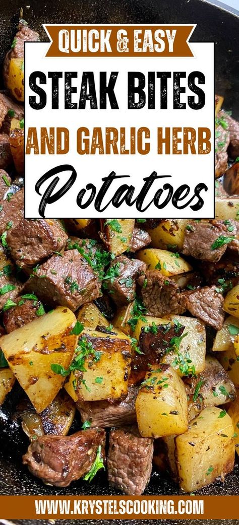 Looking for the perfect dinner to impress your friends and family? 🤩 Try my Skillet Steak Bites with Garlic Herb Butter Potatoes! This easy, healthy, and mouthwatering dish will have everyone asking for seconds! 🍽️🥩❤️ Follow me for more delicious recipes! 😋 Garlic Butter Herb Steak Bites, Steak Bites With Potatoes, Garlic Herb Potatoes, Steak Crockpot, Steak Fingers, Herb Potatoes, Butter Herb, Healthy Steak, Butter Steak Bites