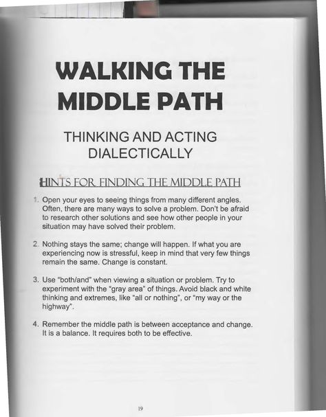 The Art of Dialectical Behavior Therapy: Walking the Middle Path #DBT Dbt Worksheet, Dbt Therapy, Dbt Skills, Behavior Therapy, Dialectical Behavior Therapy, Mental Health Counseling, Therapeutic Activities, Therapy Counseling, Counseling Resources