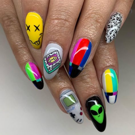 booked through January🖤 on Instagram: “Nothing but laughs when she comes in👽📺 A different spin on #90snails #diynails #nailspo #trippynails #90s #90svibes Nineties Nails, 1992 Nails, Hot Wheels Nails, 90s Theme Nails, 90s Cartoon Nails, Nostalgia Nails, 90s Nail Designs, 90s Cartoon Nails Acrylic, 90s Nail Art