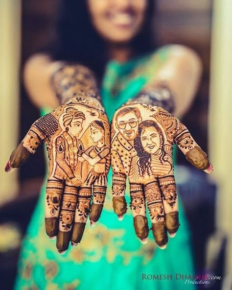 Trending mehendi designs for Brides | Bridal henna inspiration | Bride and groom portrait | Personalized henna designs | Henna tattoos | Indian brides | Couple portrait designed on mehendi | Credits: Romesh Dhamija Productions | Every Indian bride’s Fav. Wedding E-magazine to read. Here for any marriage advice you need | www.wittyvows.com shares things no one tells brides, covers real weddings, ideas, inspirations, design trends and the right vendors, candid photographers etc. Latest Trending Mehndi Designs, Gorgeous Mehndi Designs, Mehandi Pose, Portrait Mehndi, Trending Mehndi Designs, Mehndi Designs For Brides, Mahendi Designs, Unique Mehndi, Couple Name