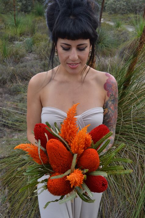 Native Bouquet of Banksia and Celosia. Celosia Wedding Bouquet, Celosia Bouquet, Flow Bouquet, Unusual Bouquets, Native Bouquet, Wildflower Weddings, Natural Bouquet Wedding, Wild Wedding Bouquet, Orange Bouquet