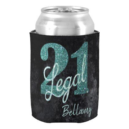 21 & LEGAL! Teal Green Glitter Custom Birthday Can Cooler - birthday gifts party celebration custom gift ideas diy 21st Birthday Koozies, Black Party Theme, Glitter 21st Birthday, Birthday Koozies, 21st Birthday Girl, 21st Bday Ideas, Cooler Gift, Wine Stickers, Birthday Name