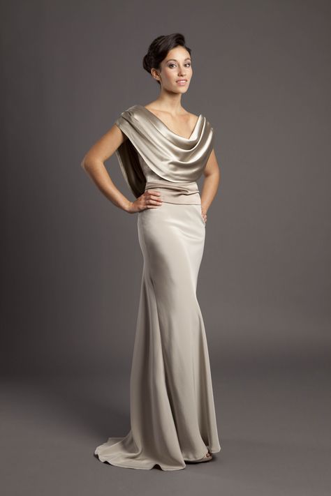 Cowl drape bias-cut gown in champagne & taupe crepe back satin.  Separate sash with floor-length back ties.  From Luke Aaron Bridal Bridesmaid Silk Dresses, Silk Dresses Designs, Wedding Dress Silk Satin, Long Silk Dresses, Cowl Back Wedding Dress, Cowl Neck Wedding Dress, Mother Clothing, Stylish Wedding Dresses, Silk Wedding Dress