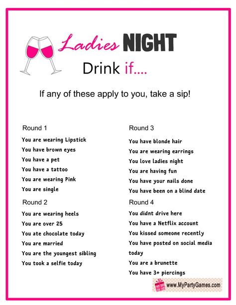 Free Printable Ladies’ Night Drink If Game Lady Night Games, Drinking Games For Girls Night, Girls Game Night Ideas, Ladies Night In Ideas, Ladies Night Party Themes, Girls Night Drinking Games, Ladies Night Party Games, Adult Birthday Games, Kid Holiday Games