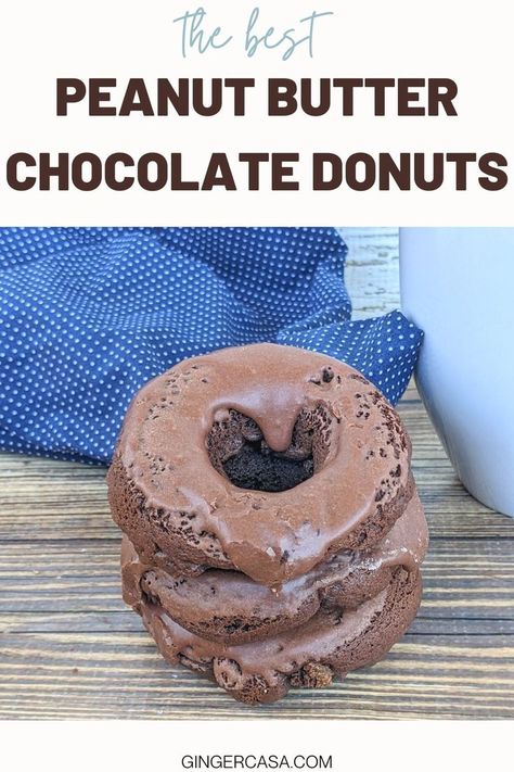 Your family will love these rich and delicious, super easy to make peanut butter chocolate donuts! #chocolate #peanutbutter Baked Cake Mix Donut Recipe, Cake Mix Donuts Recipe, Cake Mix Donuts, Donuts Chocolate, Making Peanut Butter, Easy Donuts, Homemade Donuts Recipe, Chocolate Peanut Butter Cake, Rich Cake