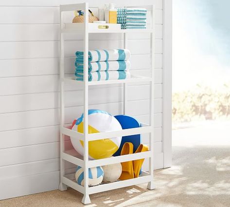 Poolside Towel Storage, Pool Accessories Storage, Outdoor Pool Storage, Outdoor Gear Organization, Pool Towel Storage, Beach Towel Storage, Pool Organization, Tower Shelf, Pool Float Storage