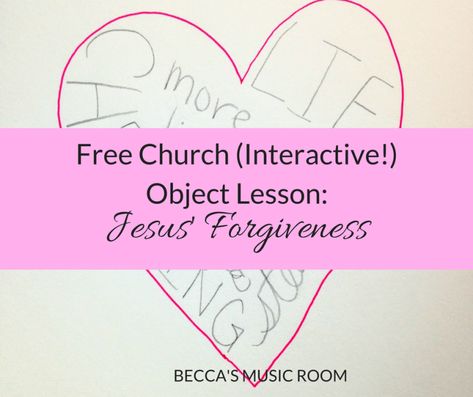 Free Church (Interactive!) Object Lesson: Jesus' Forgiveness. This lesson is great for Children's Church, Sunday School, or Youth Group. Becca's Music Room. Forgiveness Activities, Activities For Youth, Forgiveness Lesson, Youth Bible Lessons, Youth Group Lessons, Sunday School Object Lessons, Youth Lessons, Kids Church Lessons, Bible Object Lessons